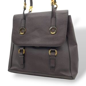 BVLGARI Tamara Tote Bag Handbag Bulgari Circle Hardware Grain Leather Dark Br...
